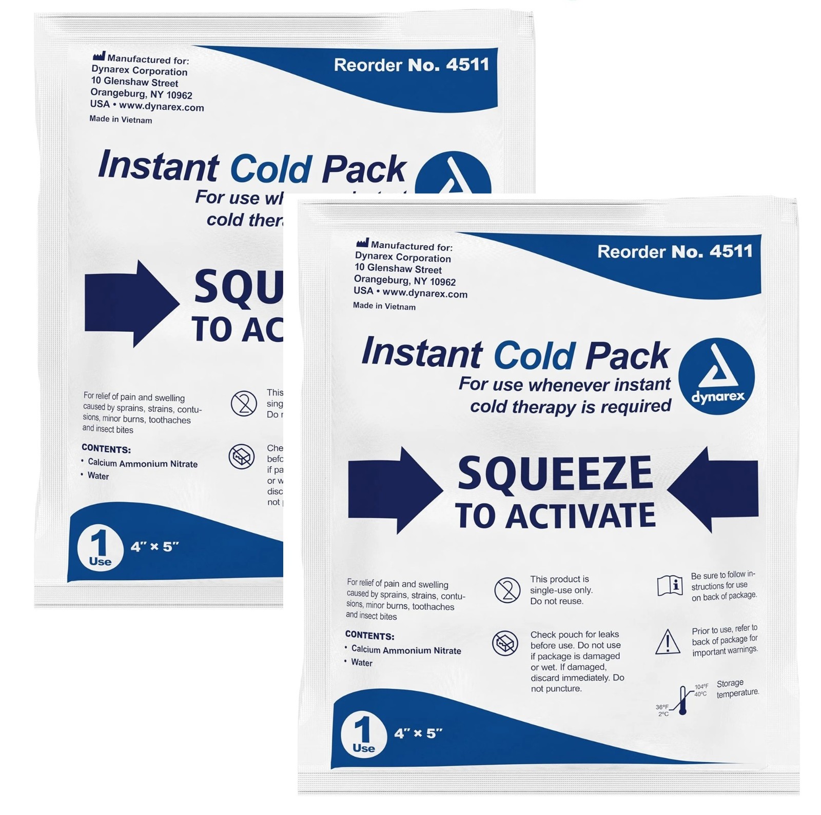 2x Dynarex Multi-Use Instant Cold Packs, No Freezing Required, 4" x 5"