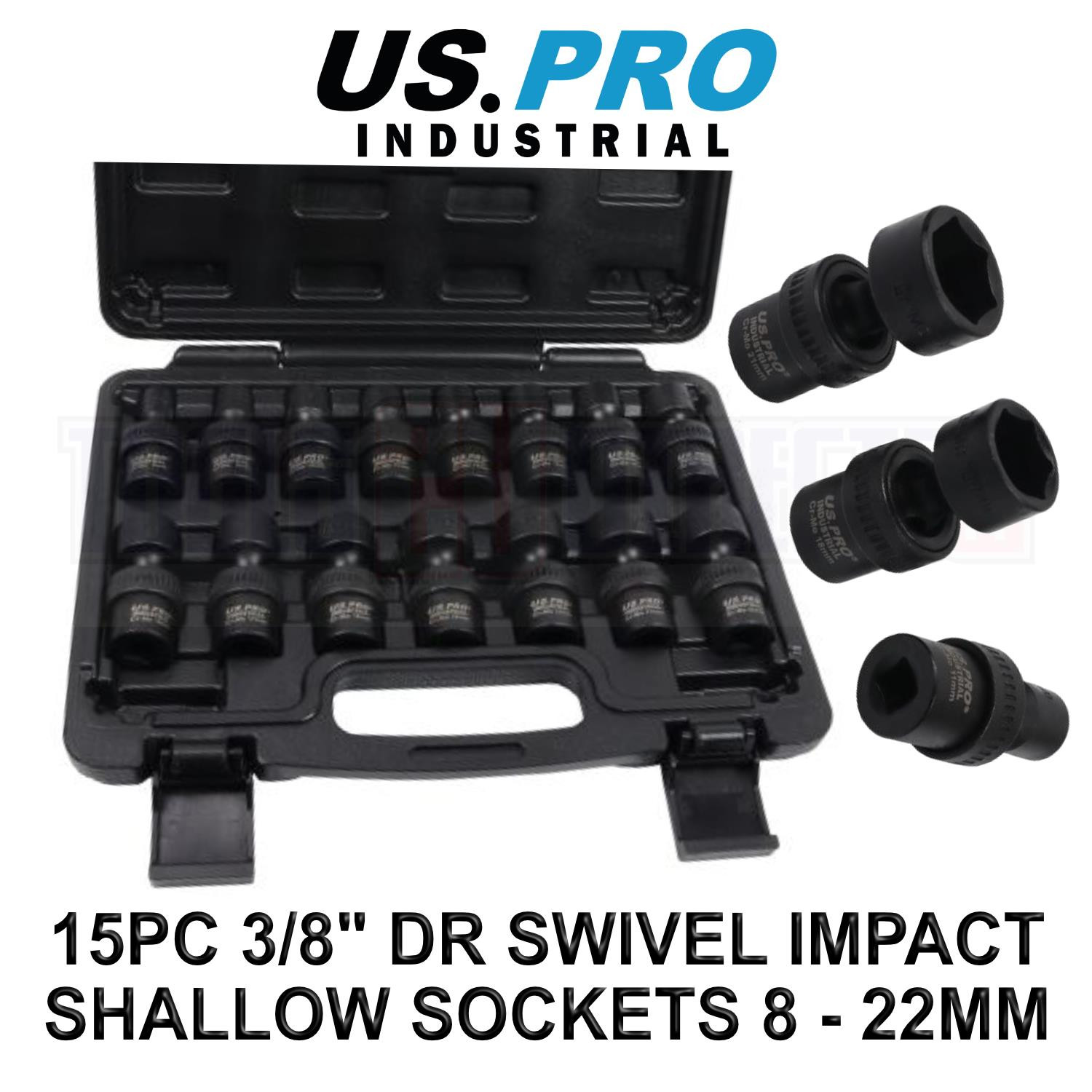 US PRO 15pc 3/8” dr 6pt Swivel Wobble Impact Shallow Socket Set 10-22mm