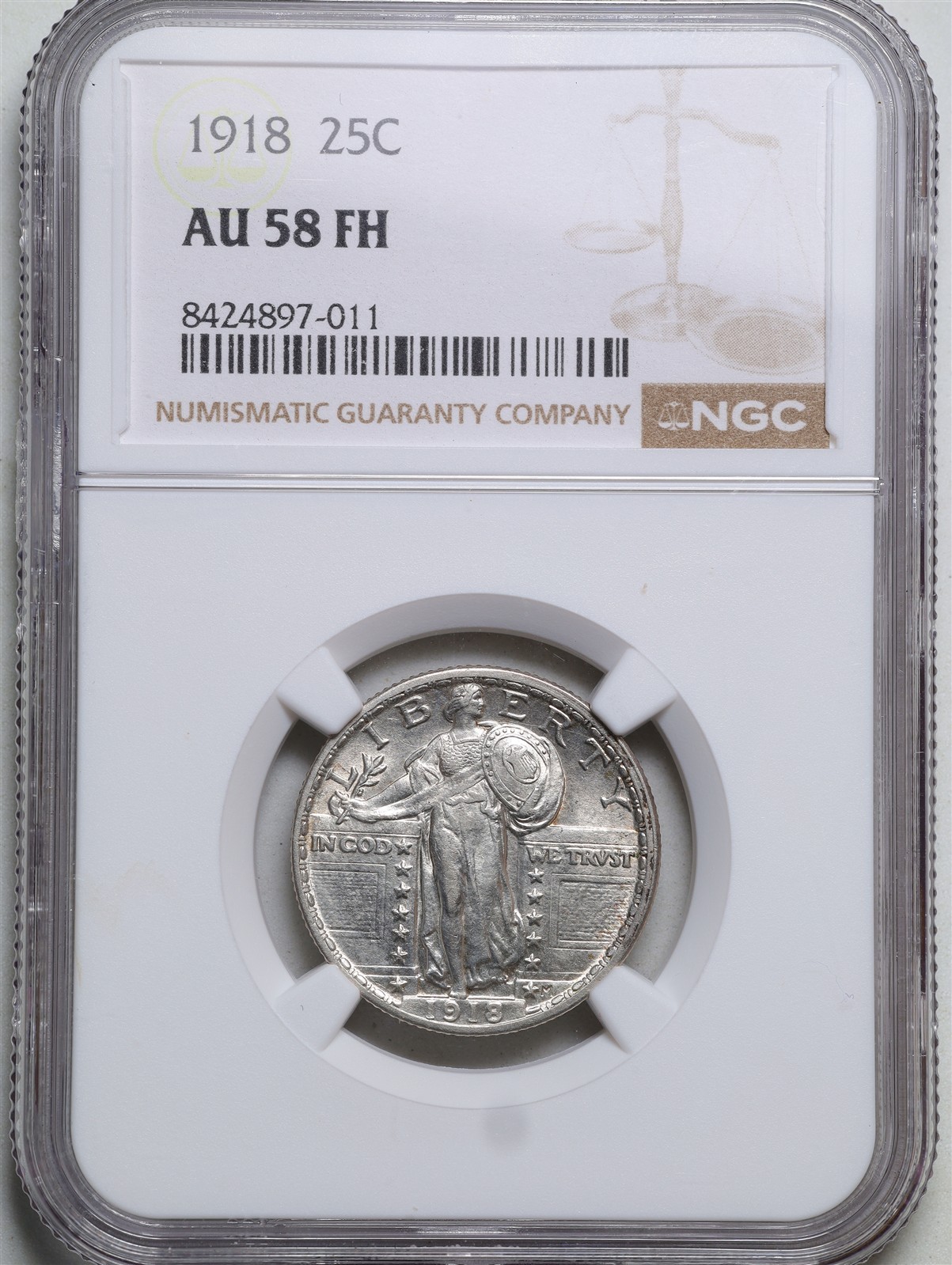 1918 25C Standing Liberty Quarter Dollar AU58 FH Full Head NGC 8424897-011