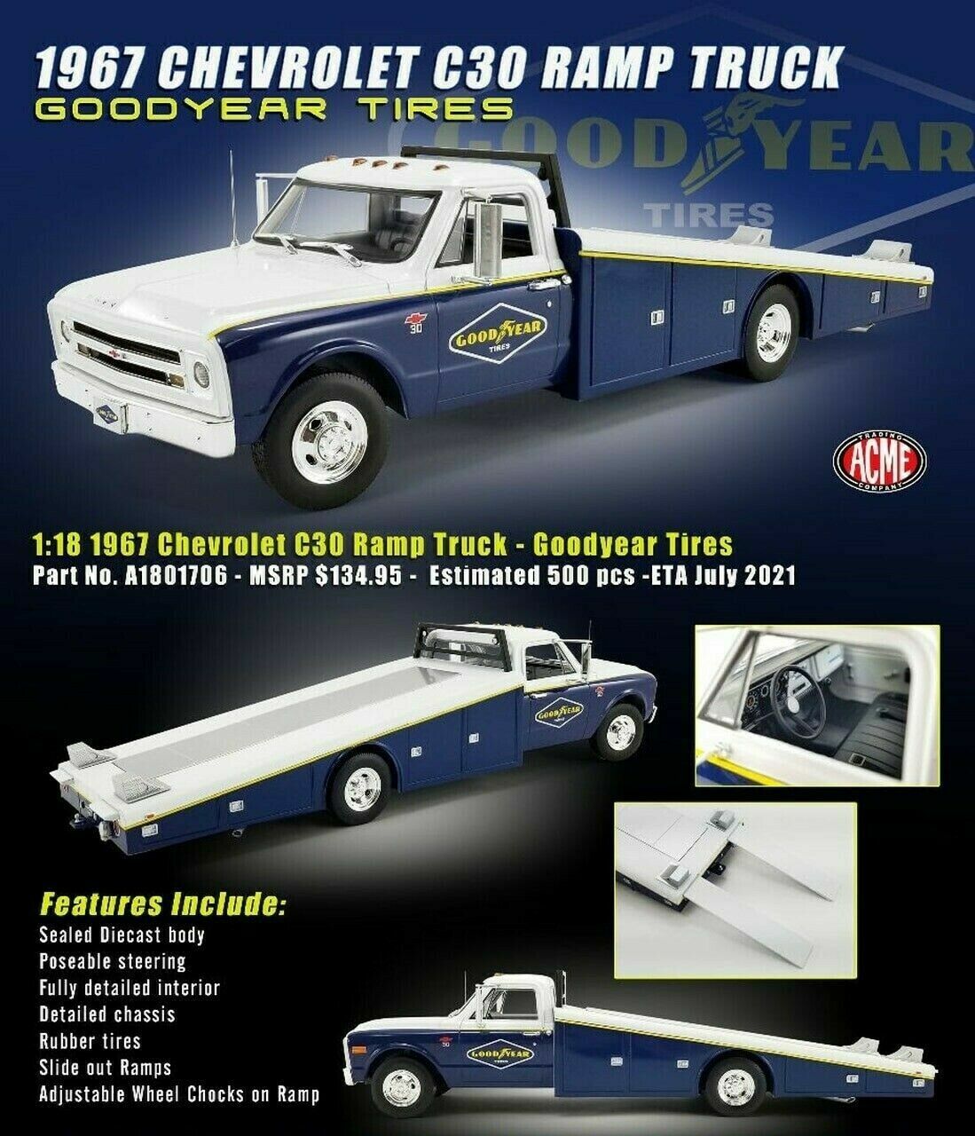 ACME 1:18 GOODYEAR 1967 Chevrolet C30 Ramp Truck Diecast Blue White A1801706