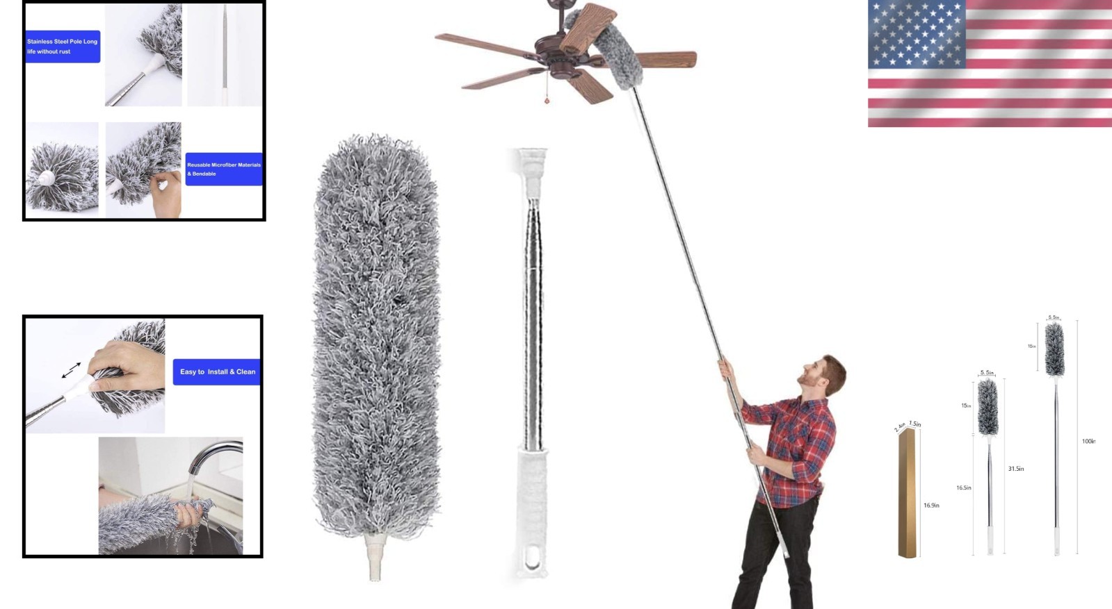 Bendable Microfiber Duster with Extendable 100-Inch Pole for Ceiling Fans & More