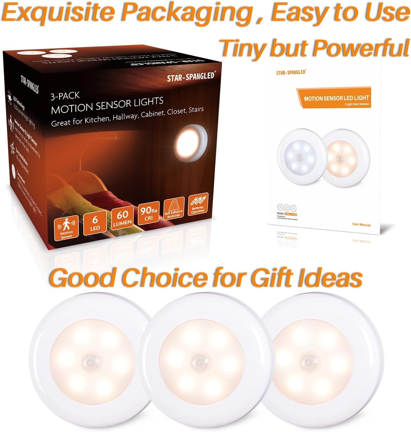 3 Pack 2.8” Motion Sensor Lights Indoor AAA Battery Operated, Stick on LED Pu...