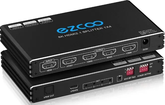 EZCOO, AVSTAR  AV-SP14HA21 8K HDMI 2.1 Splitter Scaler 1X4, 4K@120Hz VRR HDR10+