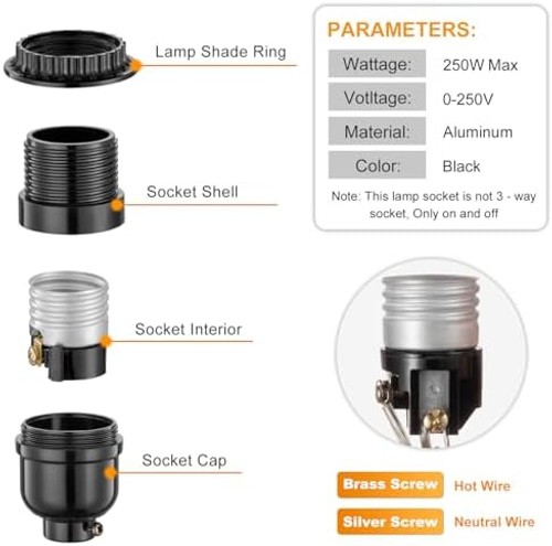 Keyless Socket Replacement with Shade Ring, E26 Pendant Light Socket, Medium ...