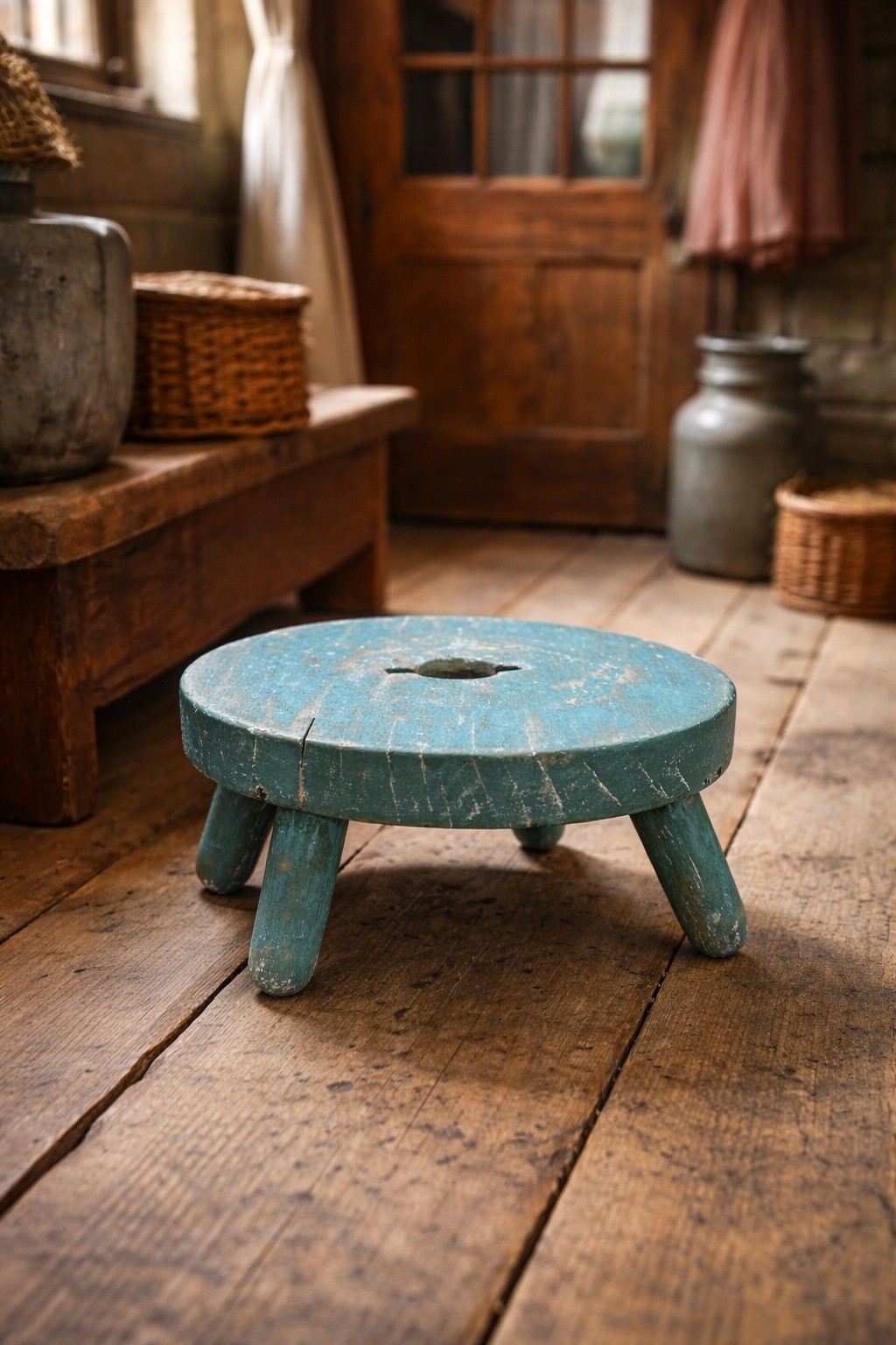 Wooden Milking Stool Rustic Plant Stand Farmhouse Primitive Blue Green Teal