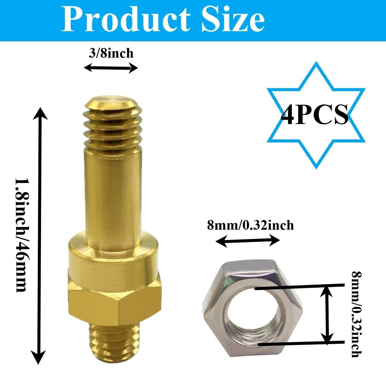4 PCS Side Post Battery Terminal Bolt 3/8"16 Brass Long Stud Adapter 1.85"