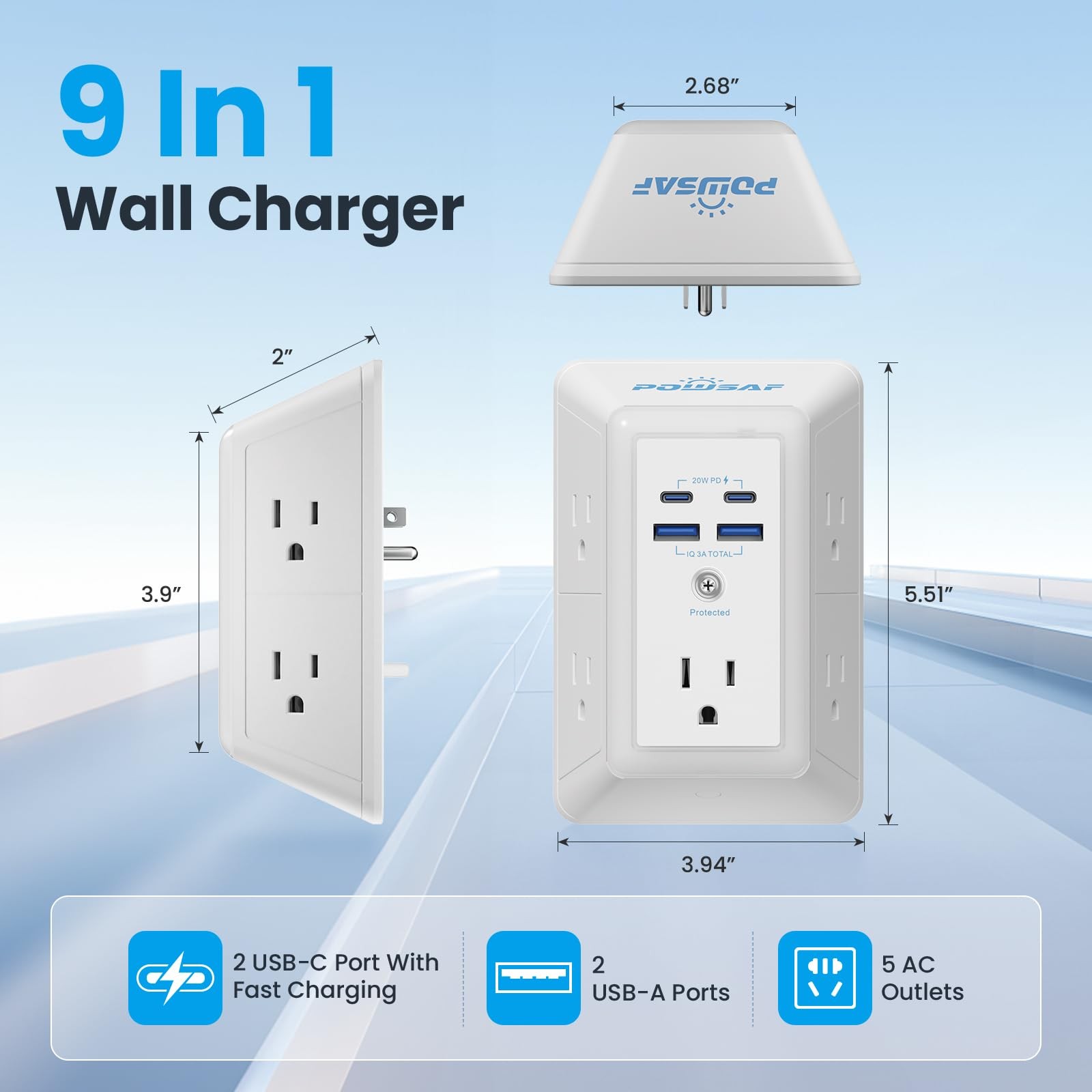 Multi Plug Outlet Surge Protector - POWSAF 5 Extender with 4 USB White