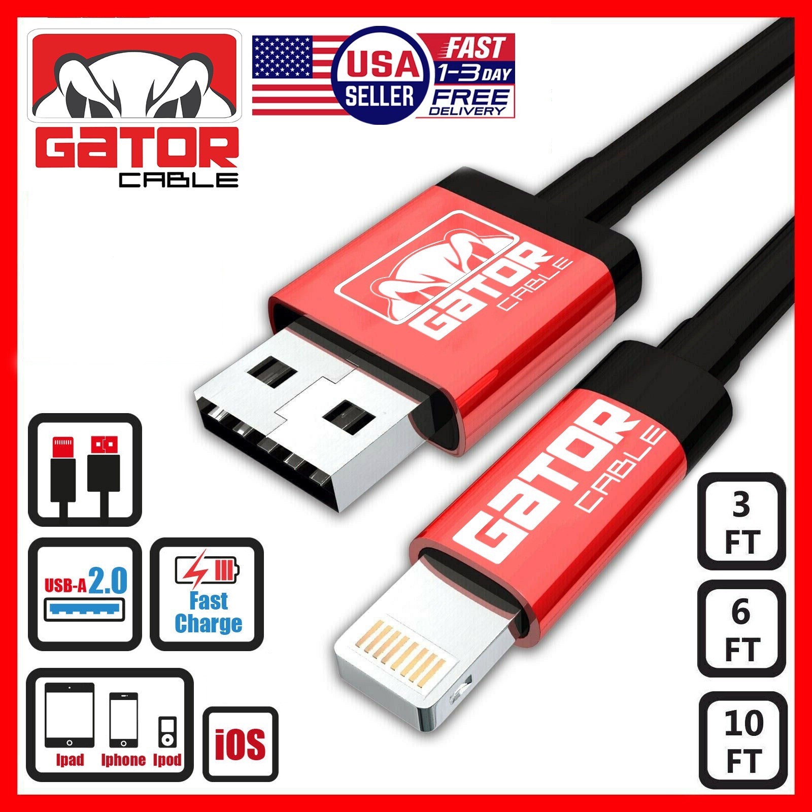 USB-A to iPhone Charging Cable Fast Charge For iPhone 8 X 11 12 13 Pro Max Plus