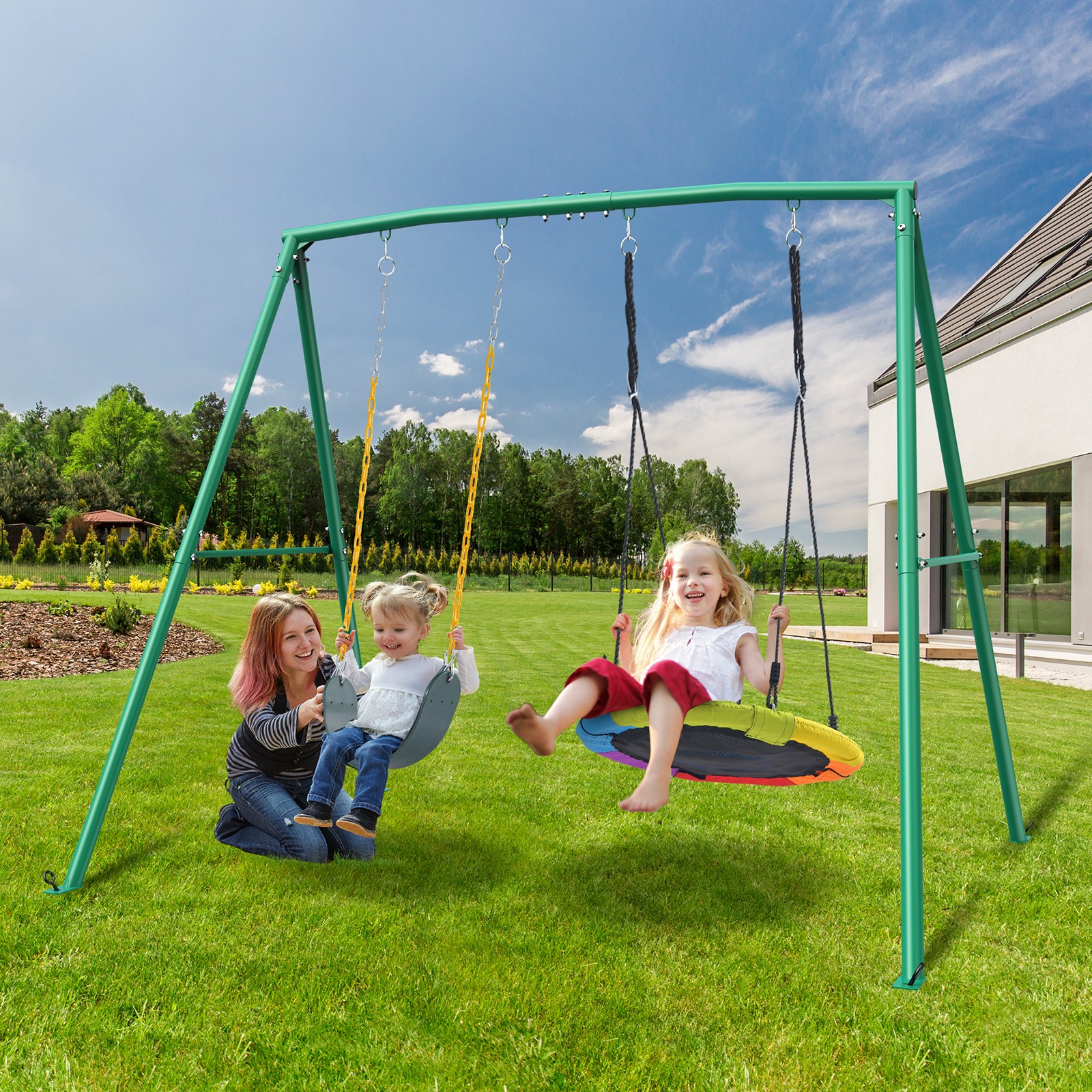 Trekassy 440lbs 2 Seat Metal Swing Set with Heavy Duty A-Frame Metal Swing Stand