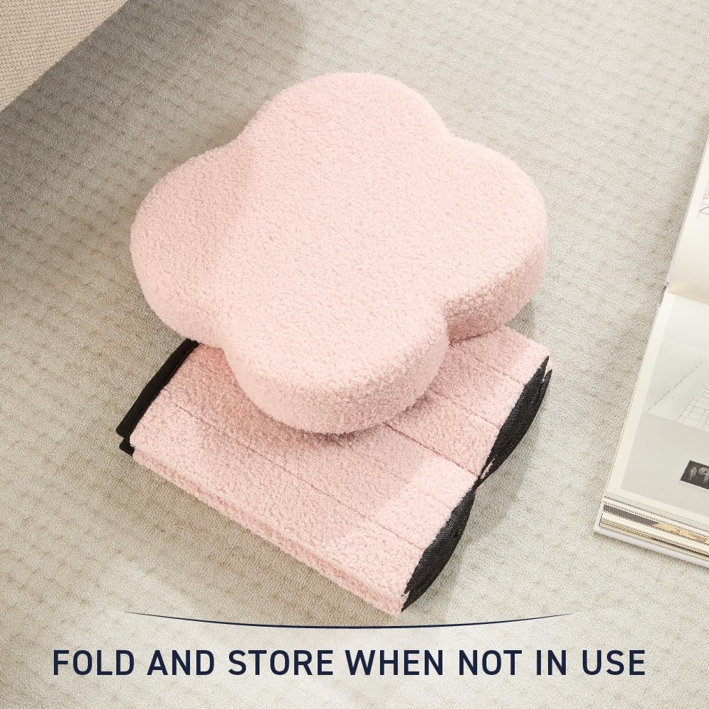 Pink Boucle Storage Ottoman Cube – Flower-Shaped Footstool with Storage, Faux...