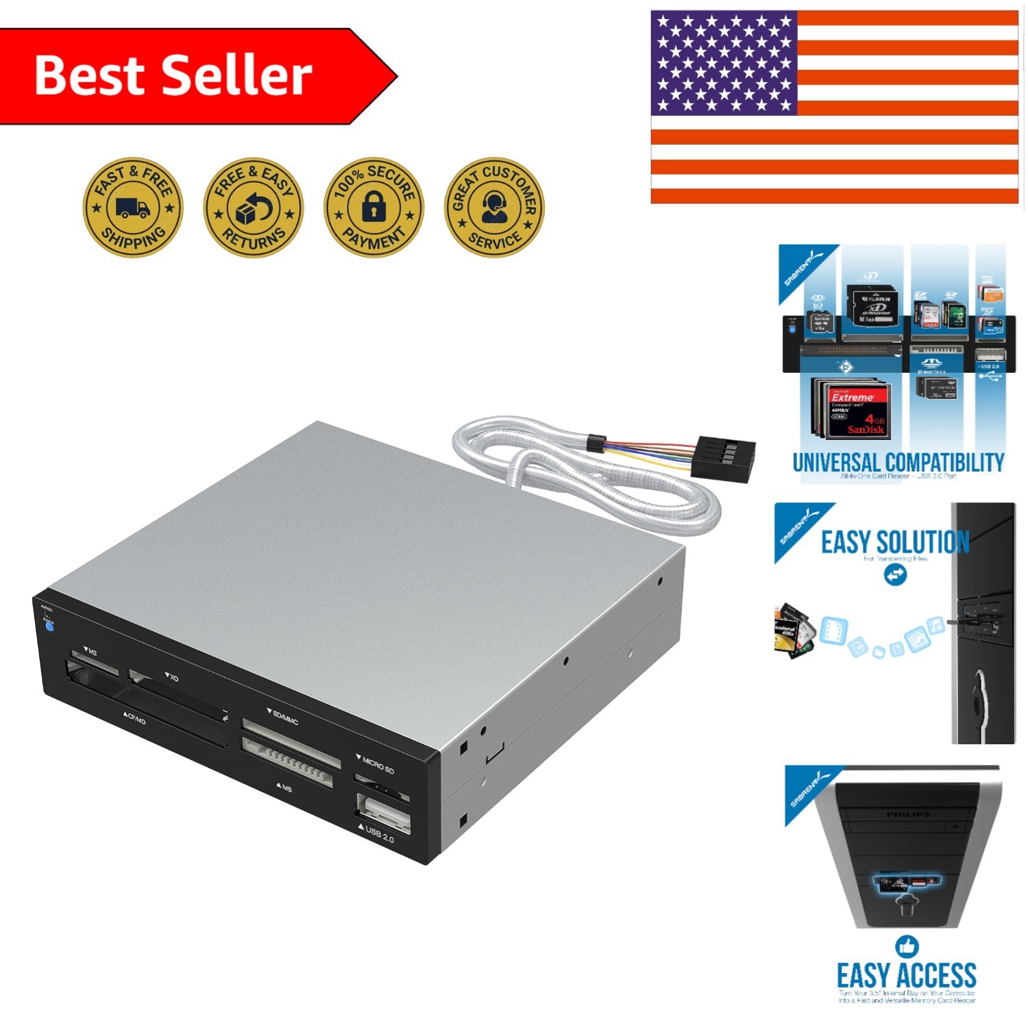 High-Speed 3.5 Inch Internal Card Reader - Supports 74 Types, USB Compatible