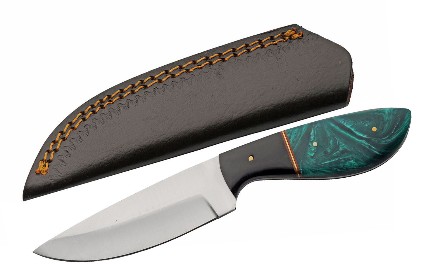 Fixed Blade Hunting Skinner Knife Green Resin Handle w/ Leather Sheath
