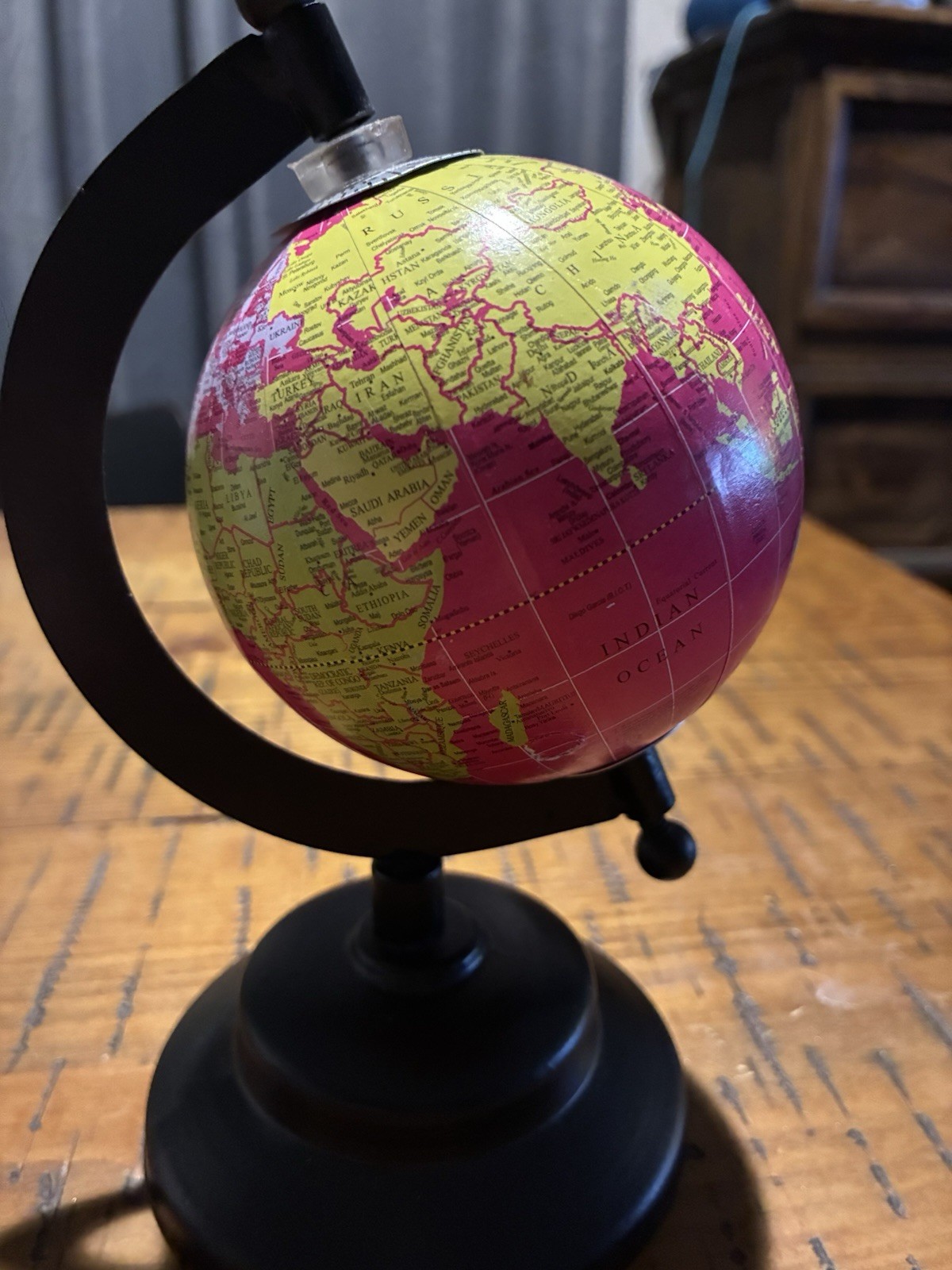 Mini Desktop World Globe 6” Tall Pink, Yellow Black Stand Rotating Base