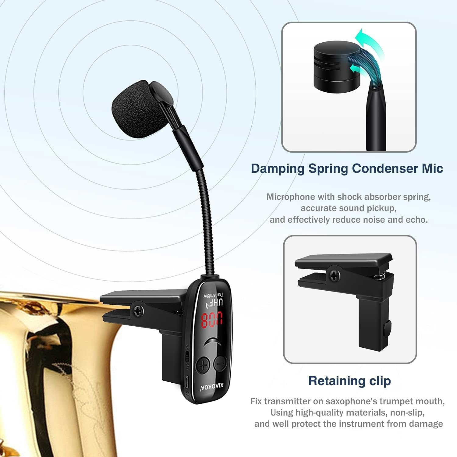 Wireless Microphone for Saxophone, UHF Wireless Microphone for Musical Instrumen
