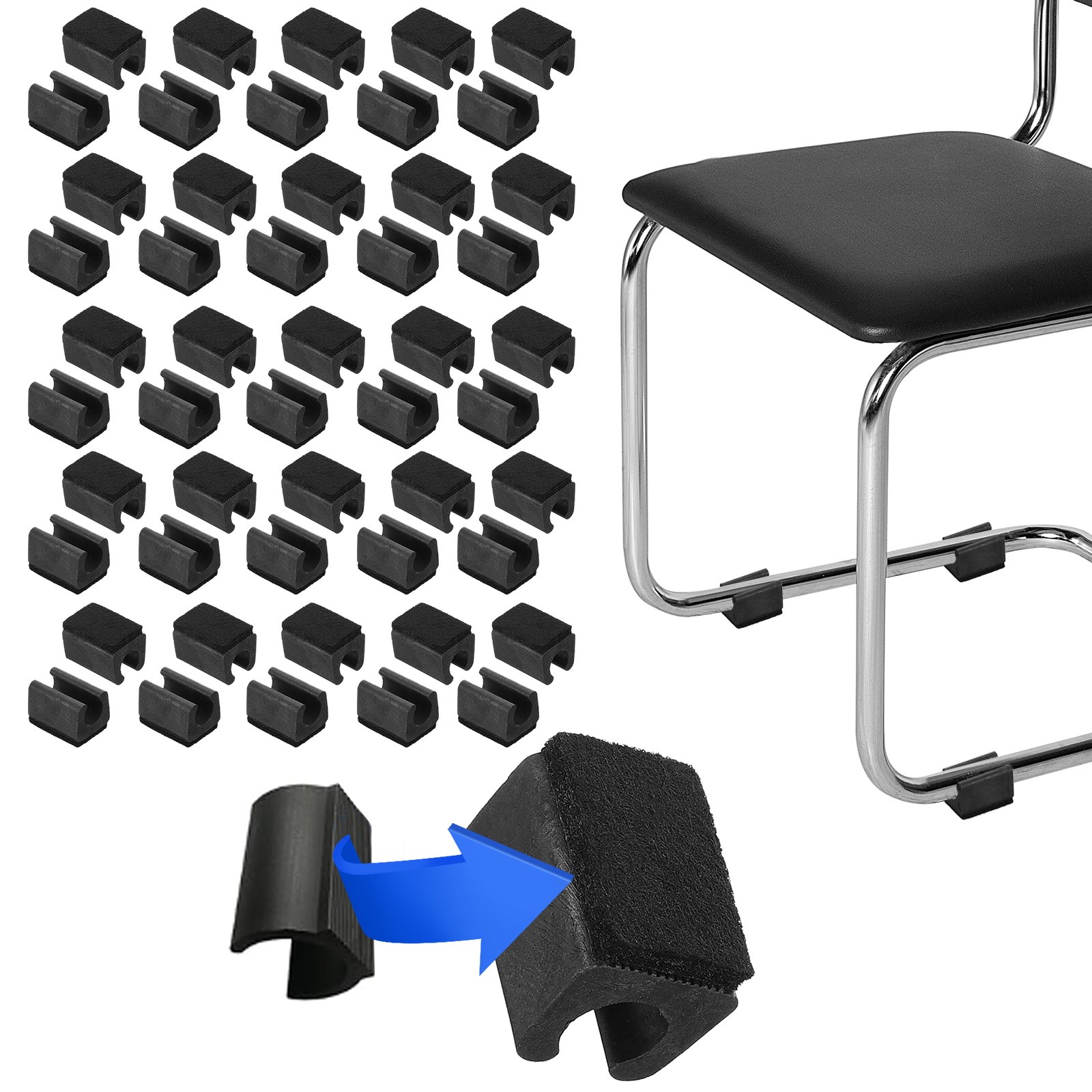 50 Pack Rectangle U Shaped Chair Leg Tip Cap with Felt Pad Fit Dia 12 mm, Black