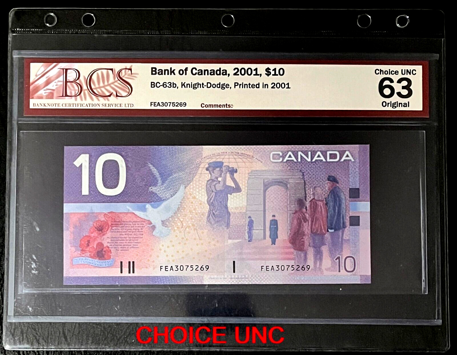 *BCS CERTIFICATION* CHOICE UNC 2001 Canada $10 JOURNEY Series w/o Security Strip