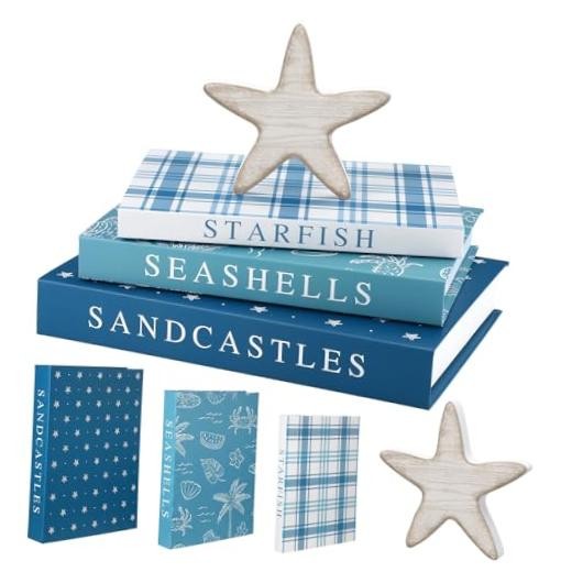 Fake Decorative Books Set Wooden Starfish Table Signs Beach House Paper Summer