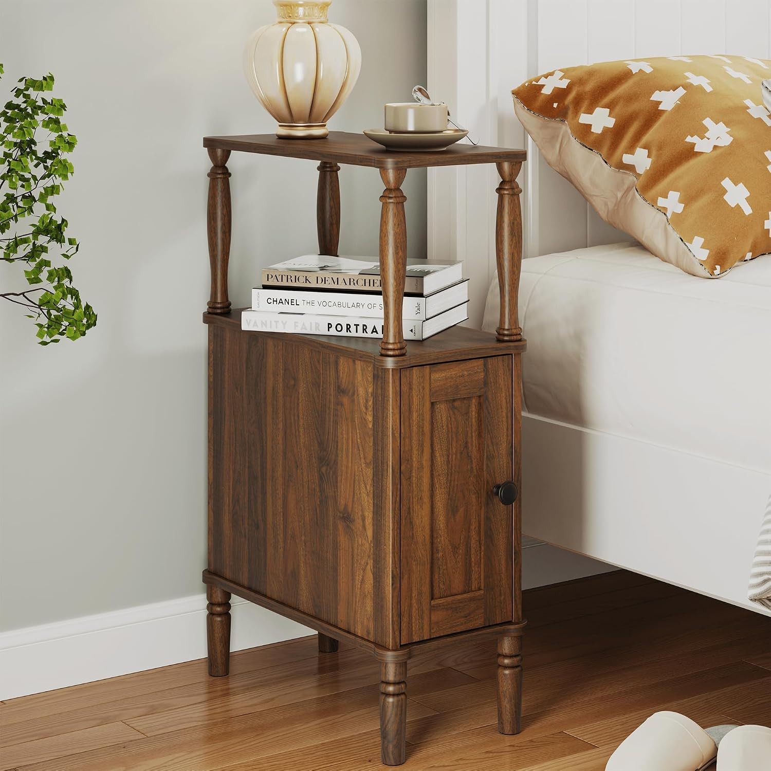 Narrow Nightstand,Skinny End Side Table (Walnut Brown) | Mid-Century Modern Nigh