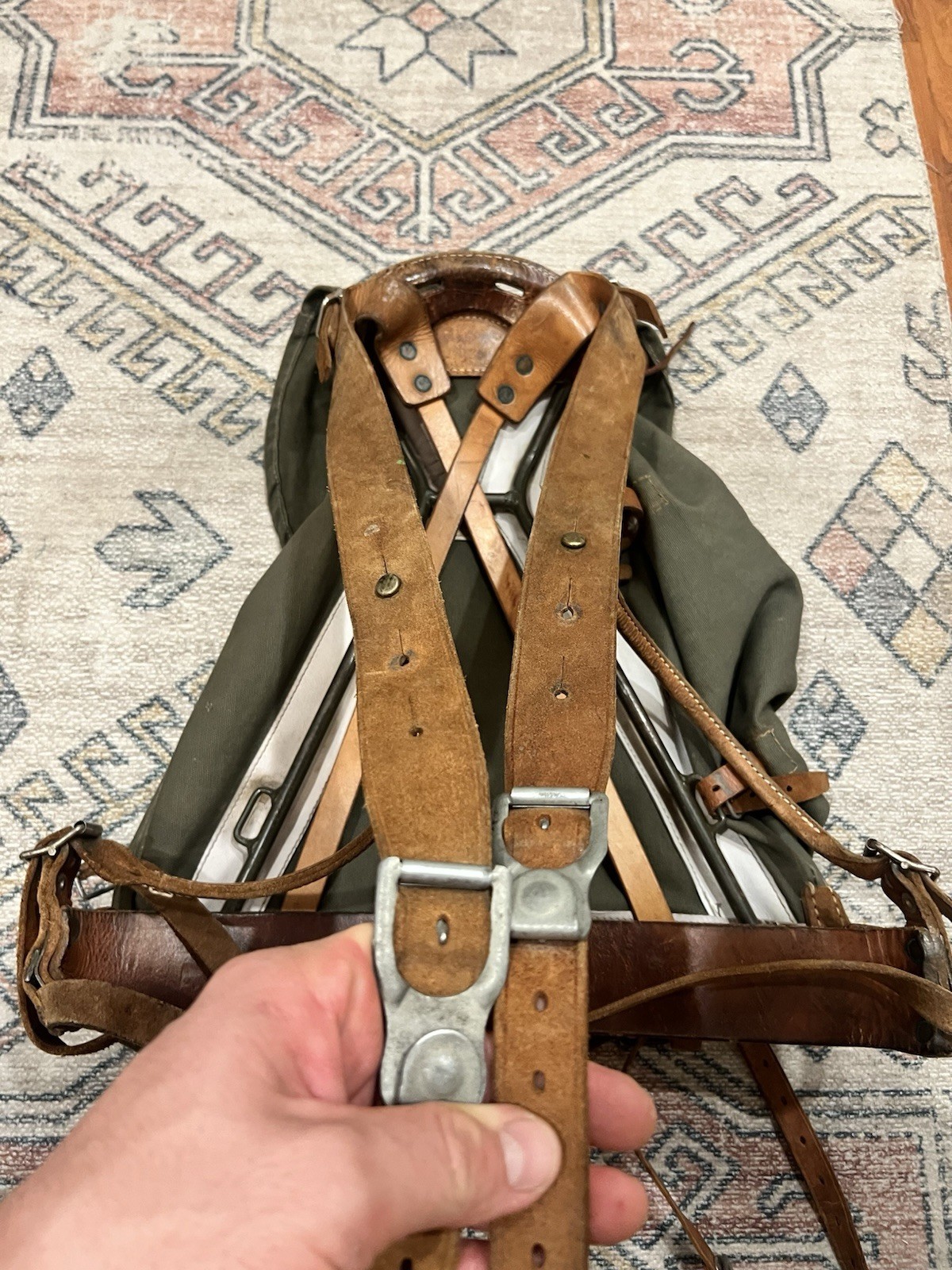 Vintage WWII Swedish Army Military Framed Canvas Leather Backpack Ruck 3 Crown