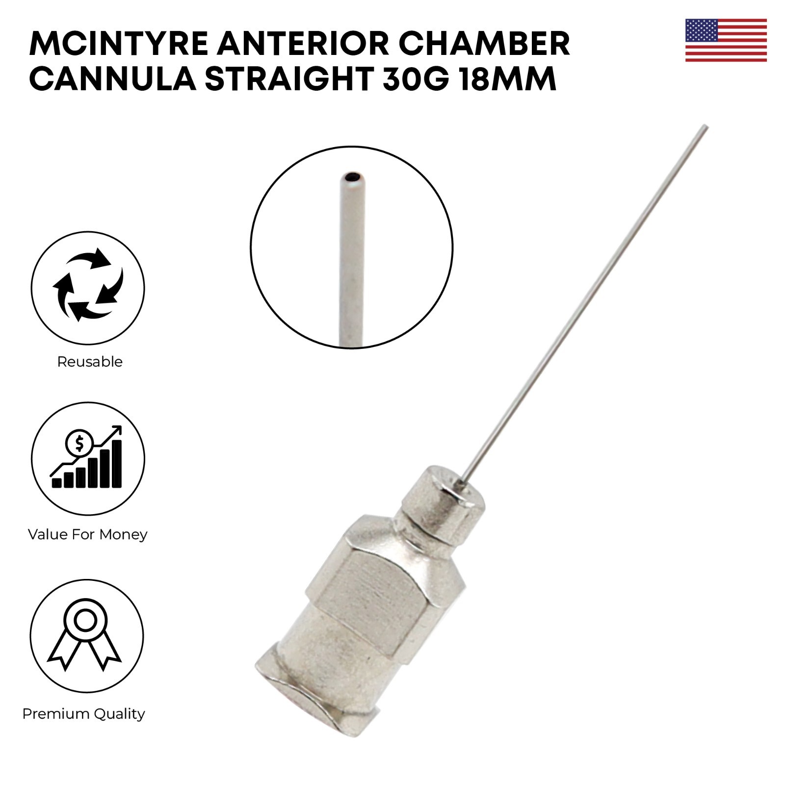 McIntyre Anterior Chamber Cannula 30G Straight 18mm Ophthalmic Instrument German