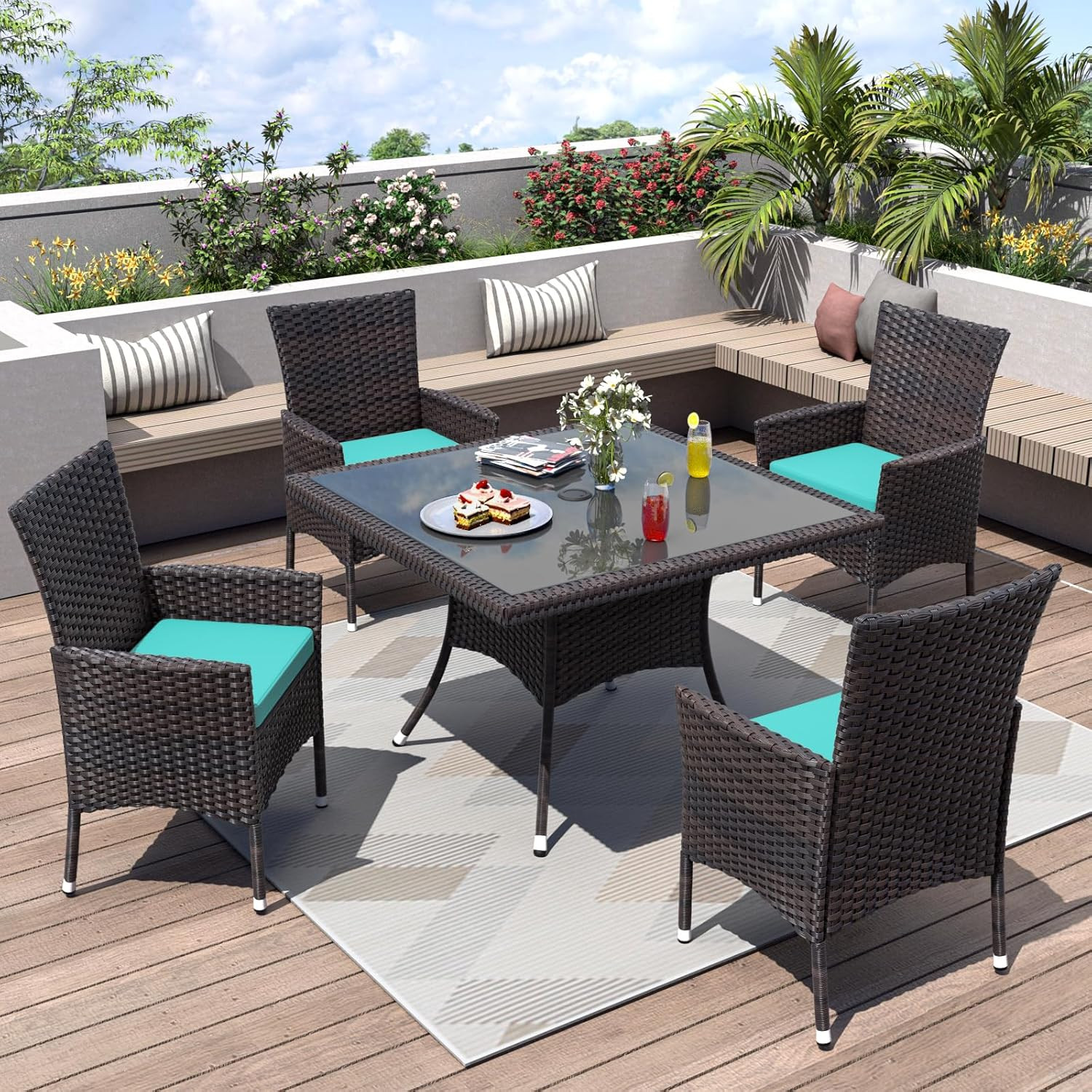 Turquoise Patio Dining Set All-Weather Wicker Outdoor Furniture Glass Tabletop