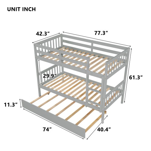 Twin Over Twin Rubber Wood Bunk Bed withTrundle,Convertible into 2Twin Size Beds