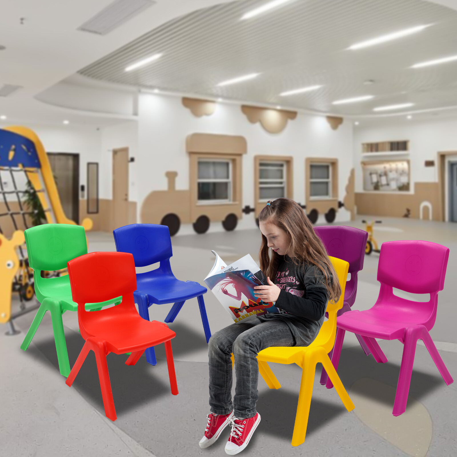 6 Pcs Stackable School Chairs Kids Plastic Stack Chairs Toddler Chair Multicolor