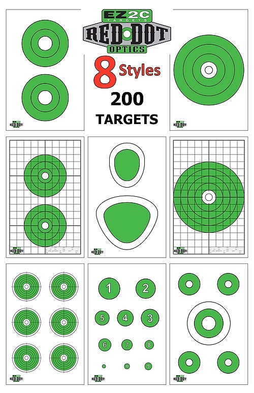 200 Genuine EZ2C Targets for Red Dot Optics ~ Eight Styles Scope Handgun Rifle