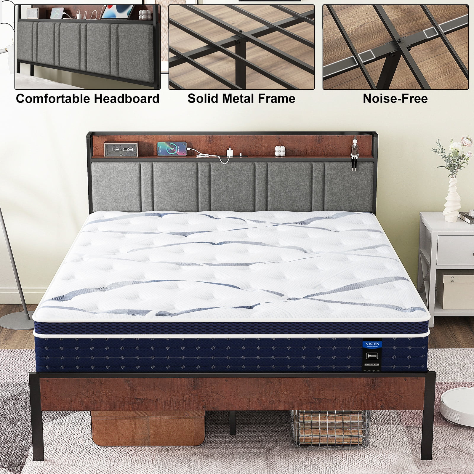 Queen Bed Frame, Platform Bed Queen Size with Charging Station and Storage Uphol