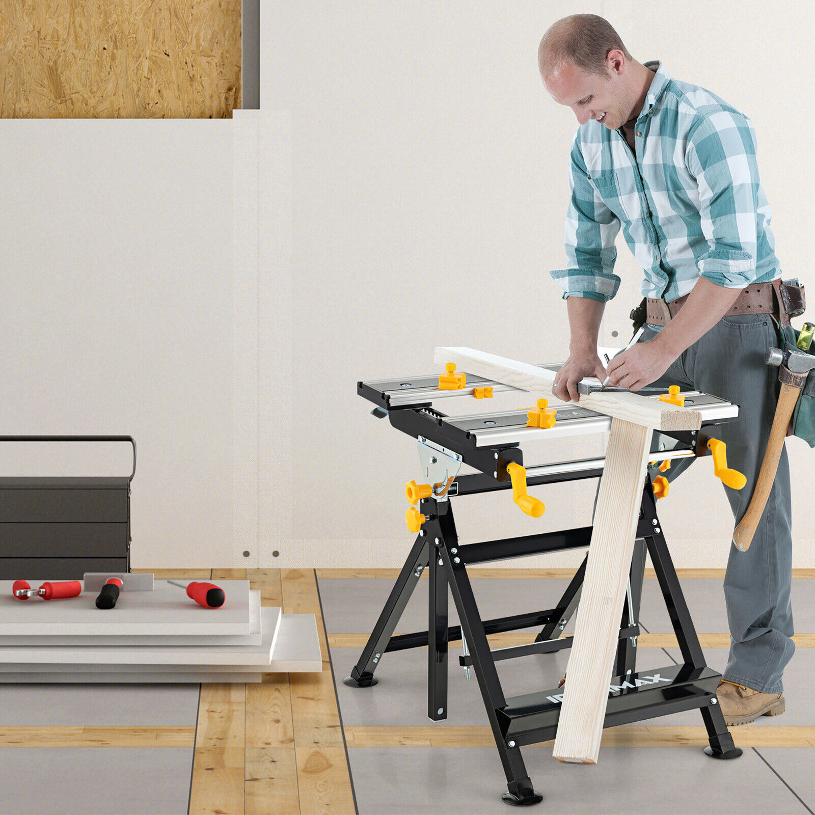 Folding Work Table Portable Workbench w/ Adjustable Height & Tiltable Platform