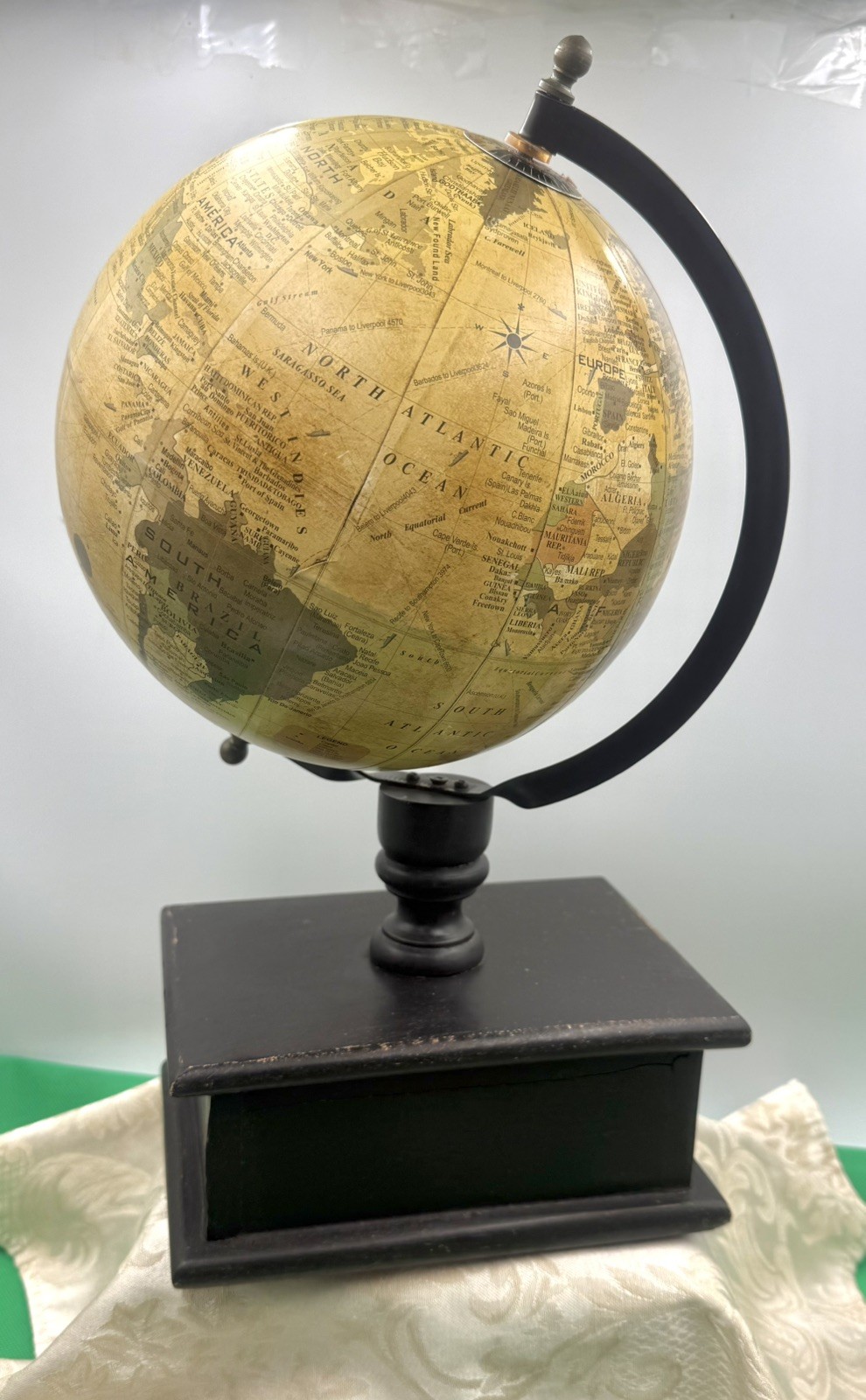 Decorative 16" World Globe with Rustic Wood Open Drawer