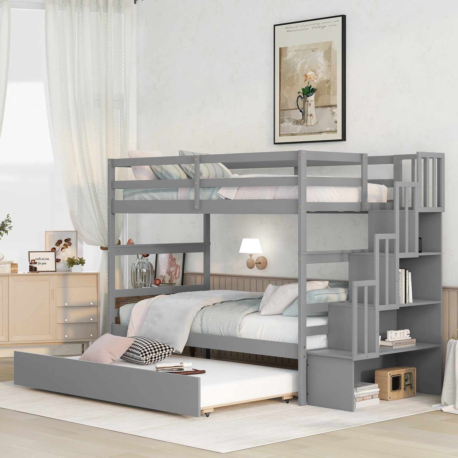 Twin Over Twin Bunk Bed Frame Wood Platform Bed Frame w/Trundle and Stairway