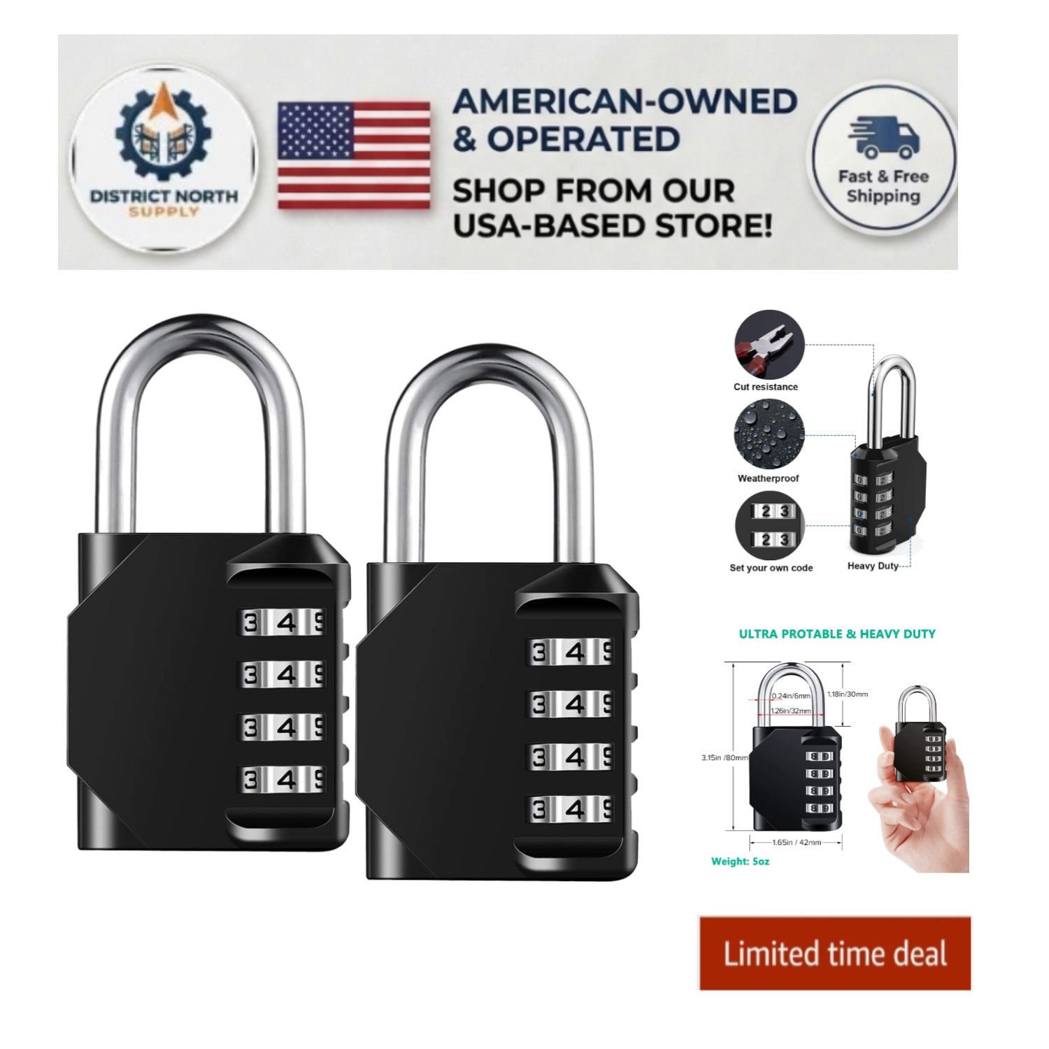 Lock & Secure: 2 Pack of Heavy Duty 4 Digit Combination Padlocks - Waterproof