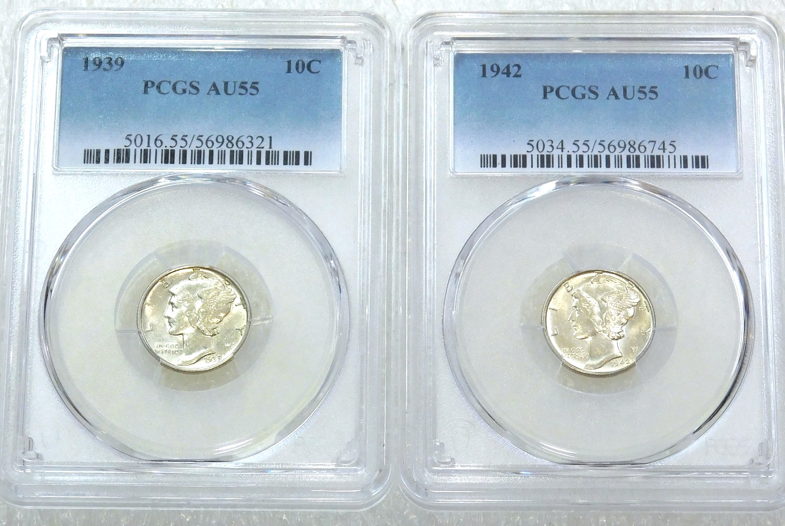 1939 & 1942 Mercury Dime PCGS AU55 Frosty lot of 2 coins in New Holders #B262A
