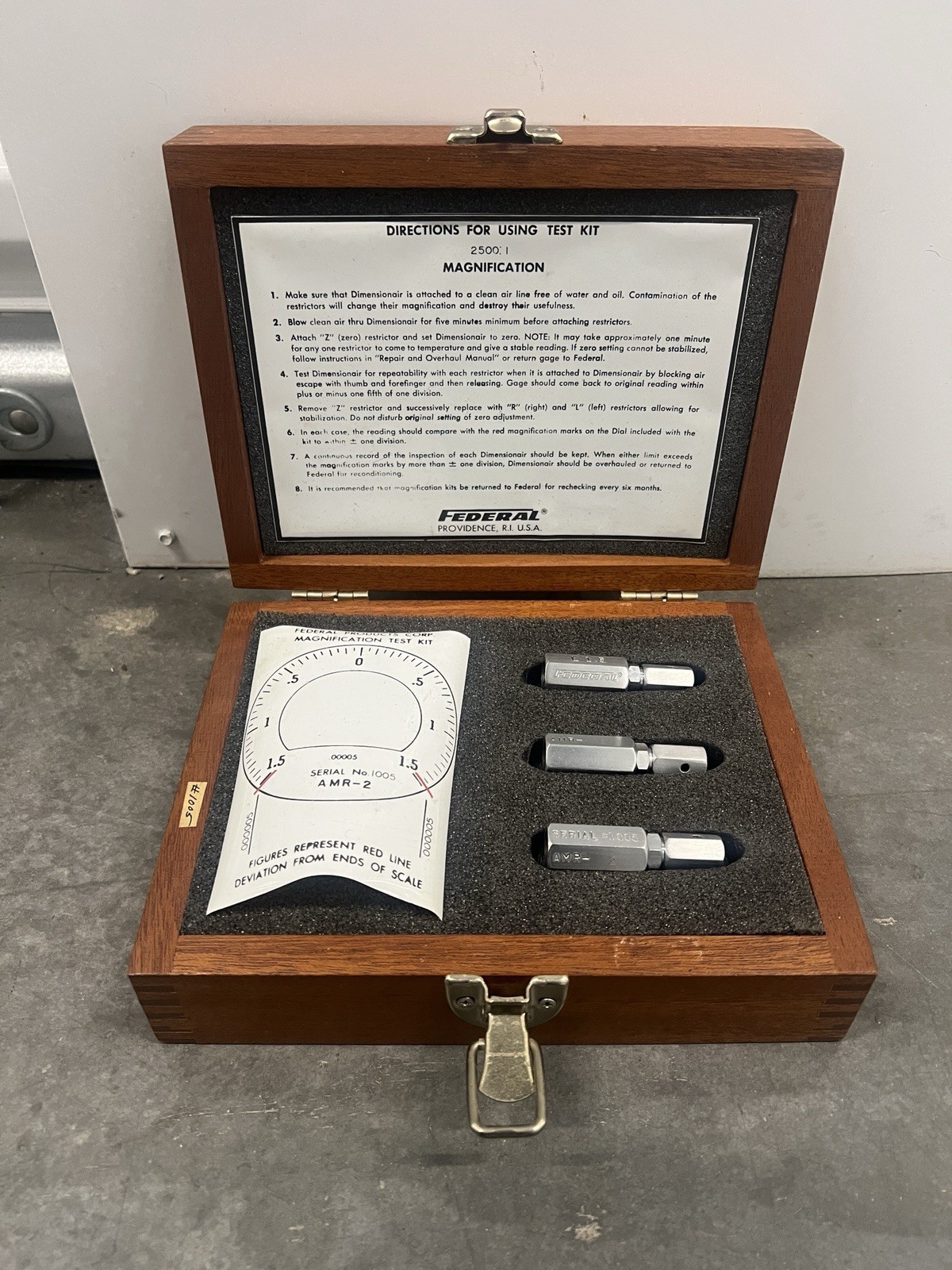 Federal AMR-2 Dimensionair Air Gage Magnification Test Kit 2500:1 Wood Case