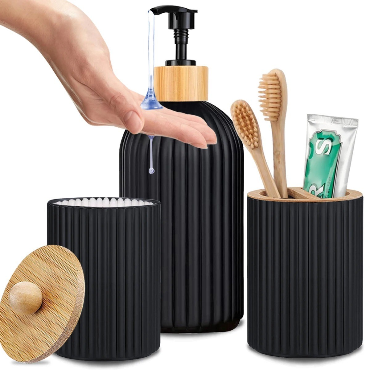 Bathroom Vanity Organizer Set Soap Dispenser Cotton Ball Storage Toothbrush Cup