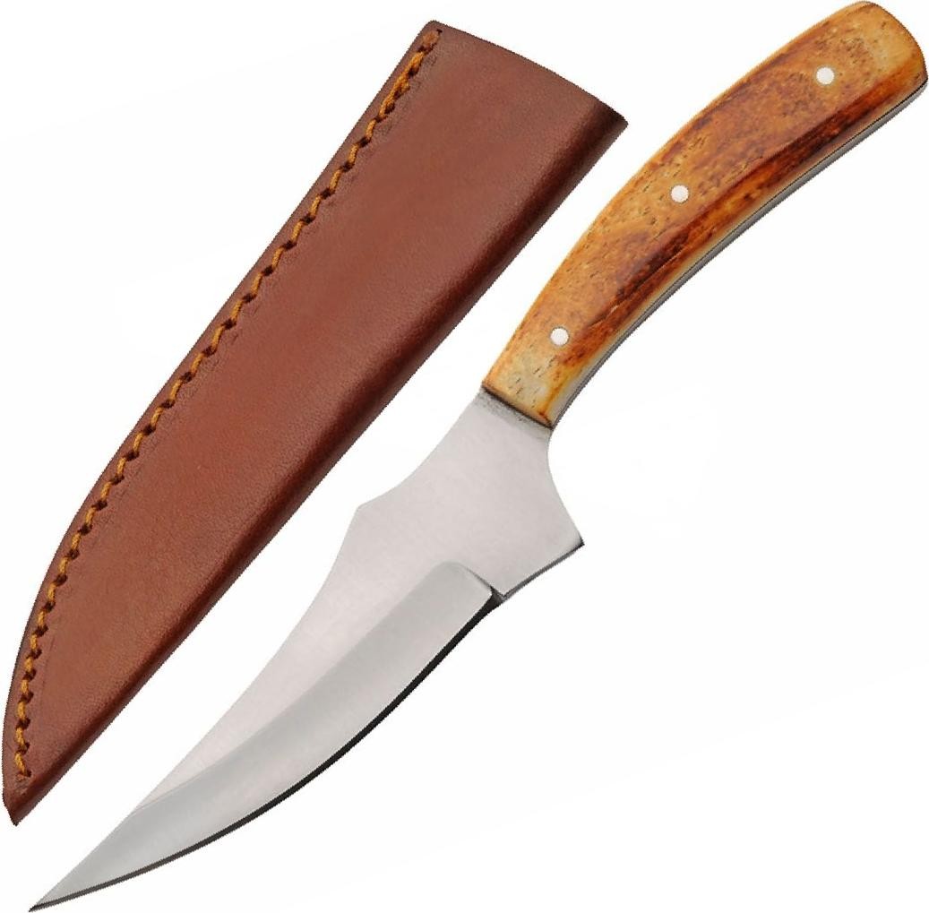 Hunting Knife 4.25in Trailing Blade Burned Bone Handle Full Tang +Leather Sheath