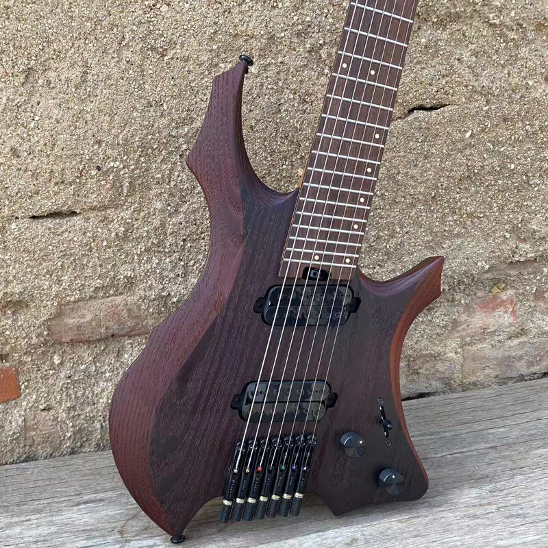7 String Headless Electric Guitar Fanned Frets Brown Ash Body 9 Piece Maple Neck