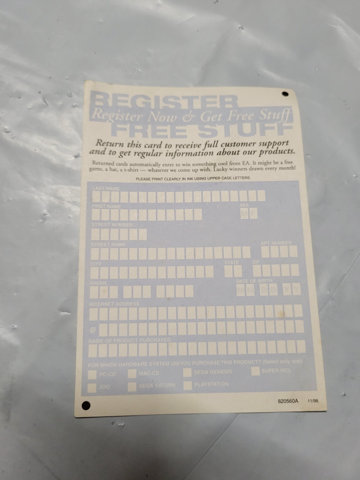 Electronic arts video game Registration card Insert
