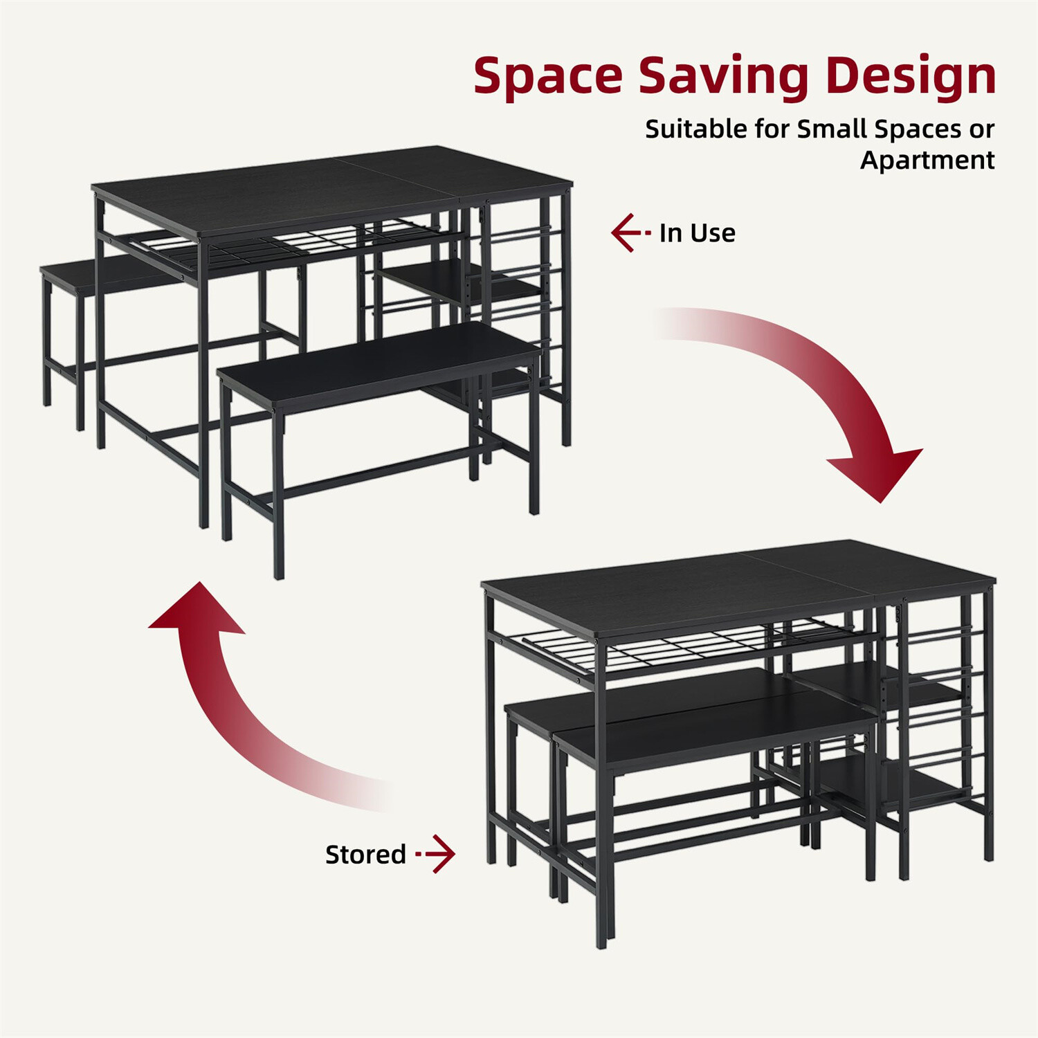 Dining Table Set for 4 3 Pieces Kitchen Table Set with 2 Benches Wine Rack
