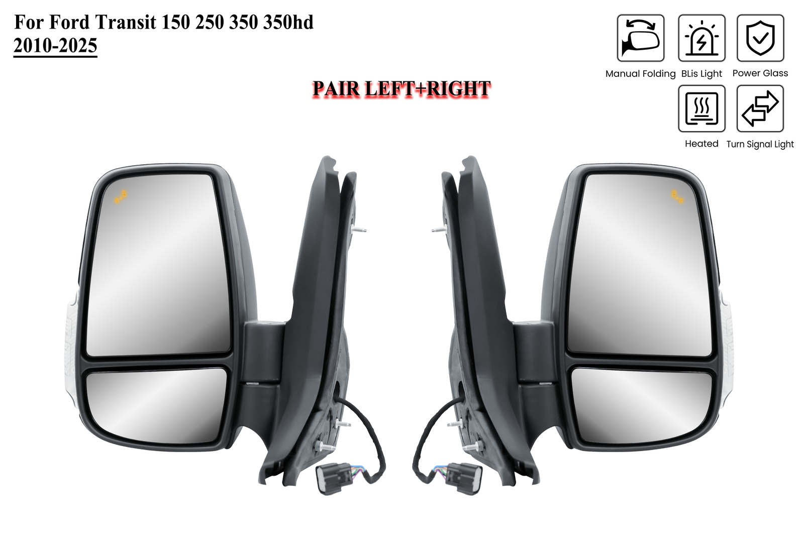 Pair Left+Right Side Power Mirror With BLIS For 10-26 Ford Transit 150 250 350