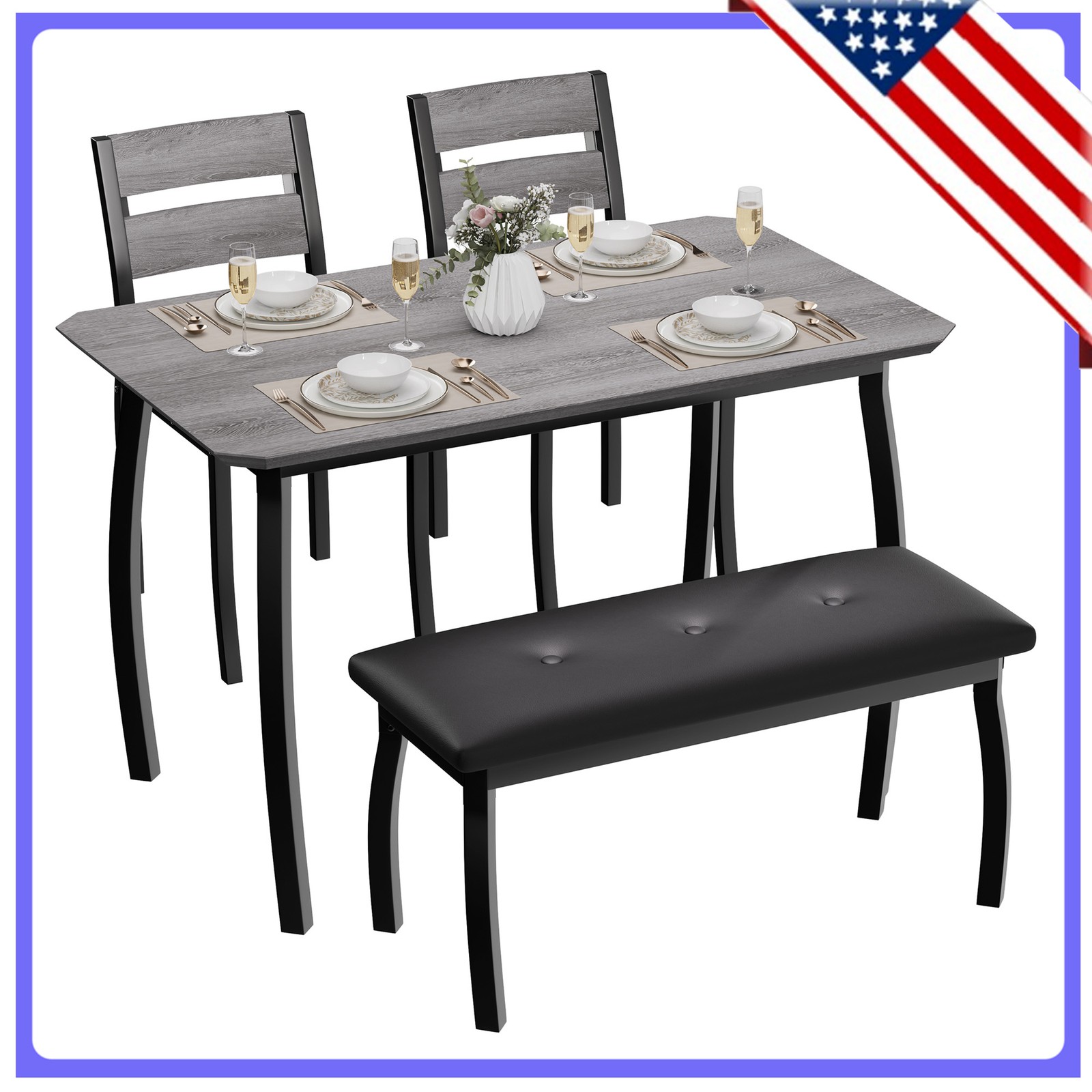 Space-Saving Dining Table Set for 4 Table 1 Upholstered Bench 2 Cushioned Chairs