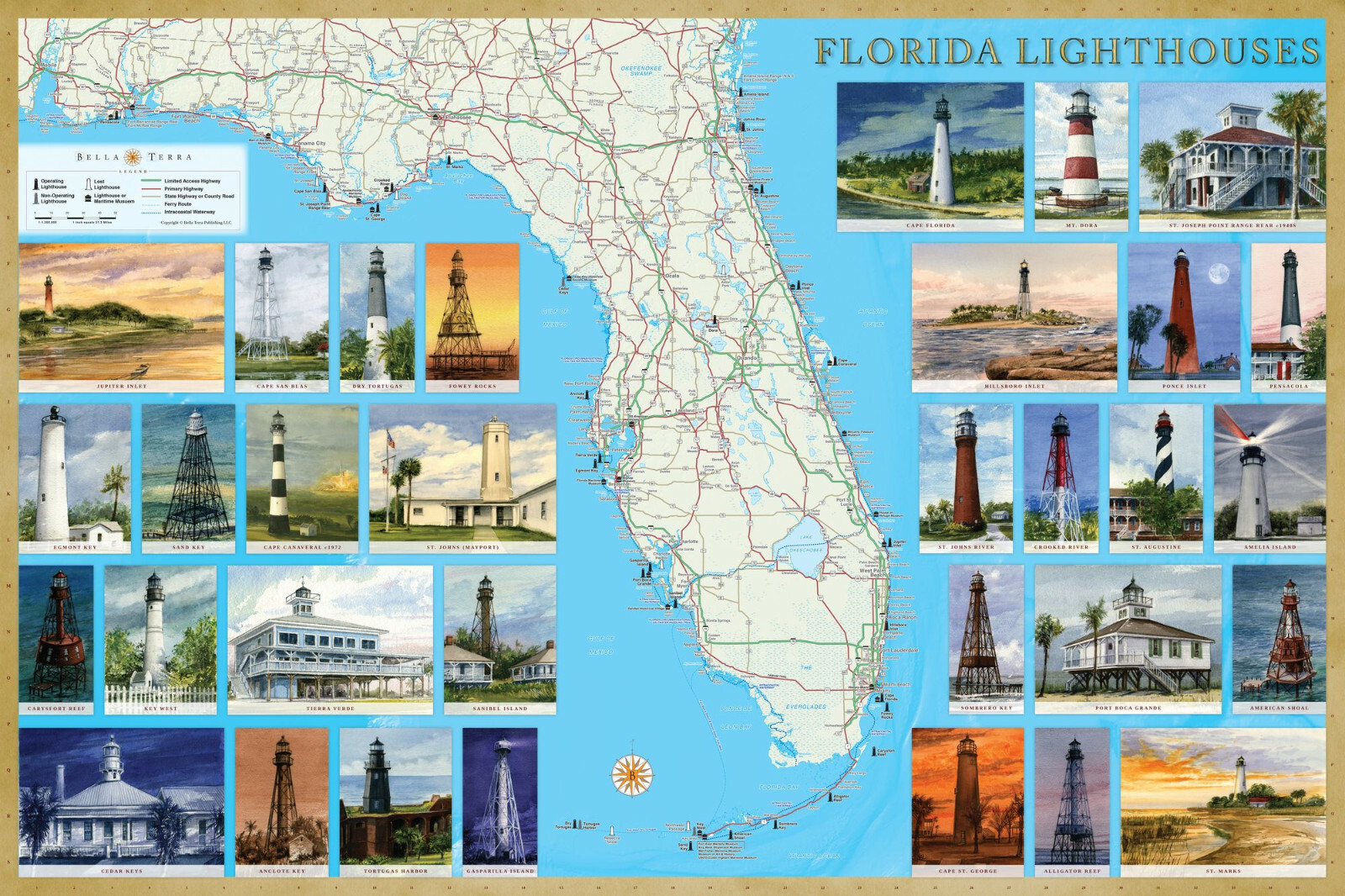 Florida Lighthouses Illustrated Map & Guide