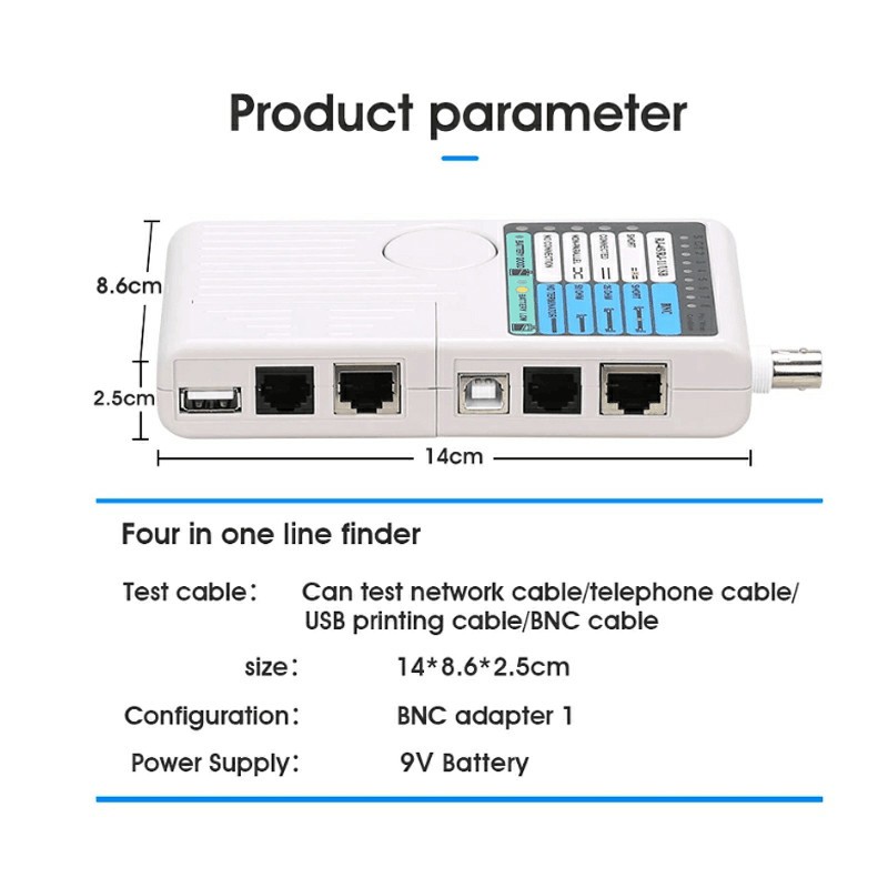 4 In 1 Multi Function Network Cable Tester RJ45/RJ11/USB/BNC LAN Cable Cat5 Cat6