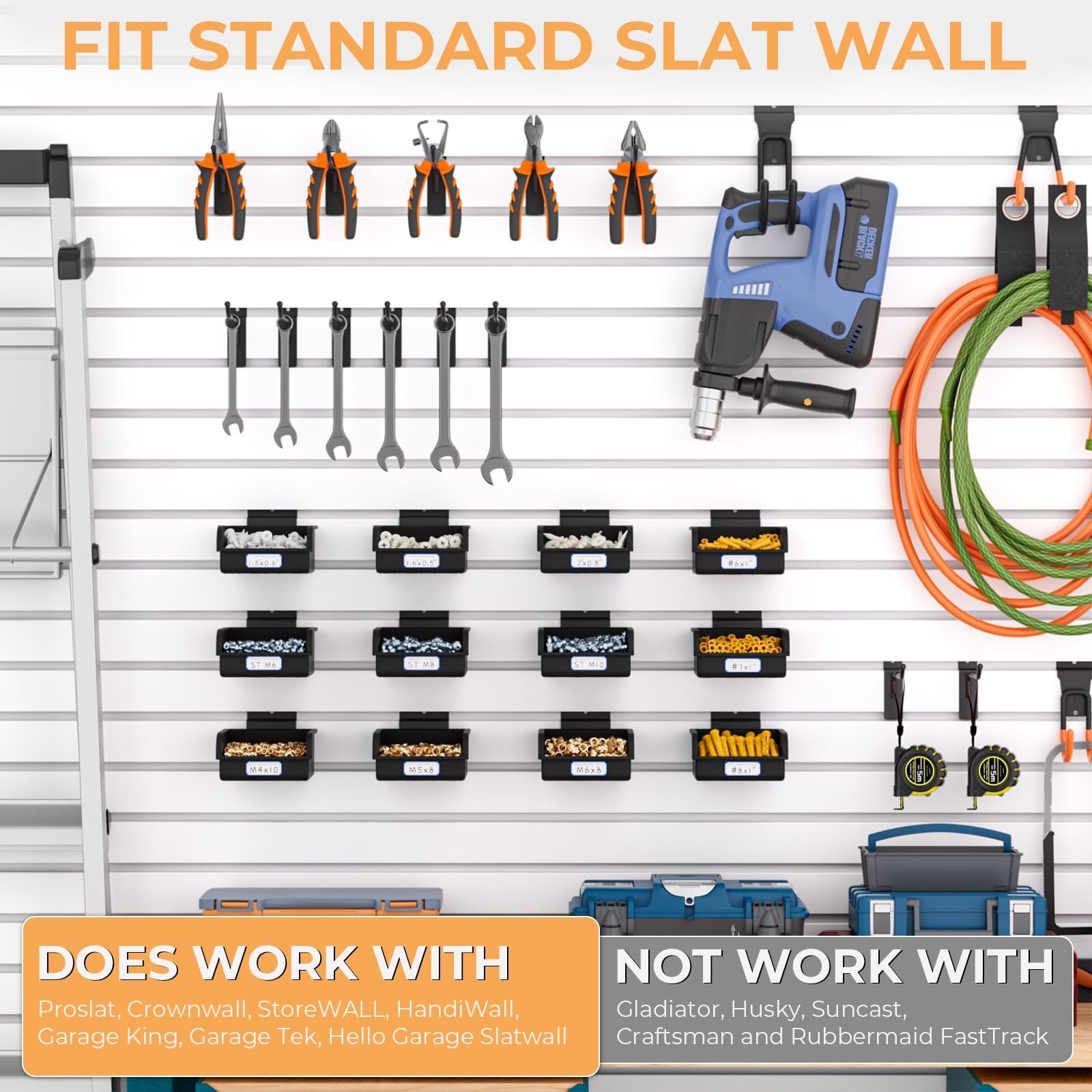 12 Pack Slatwall Bins with Hooks - Plastic Storage Containers for Garage, Craft,