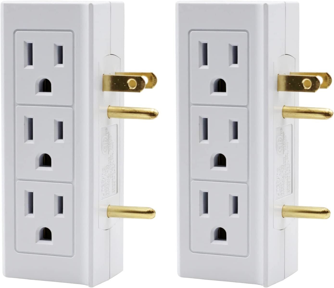 6 Outlet Vertical Extender Wall Tap - Split 2 Outlets Into 6 Grounded - 2 Pack