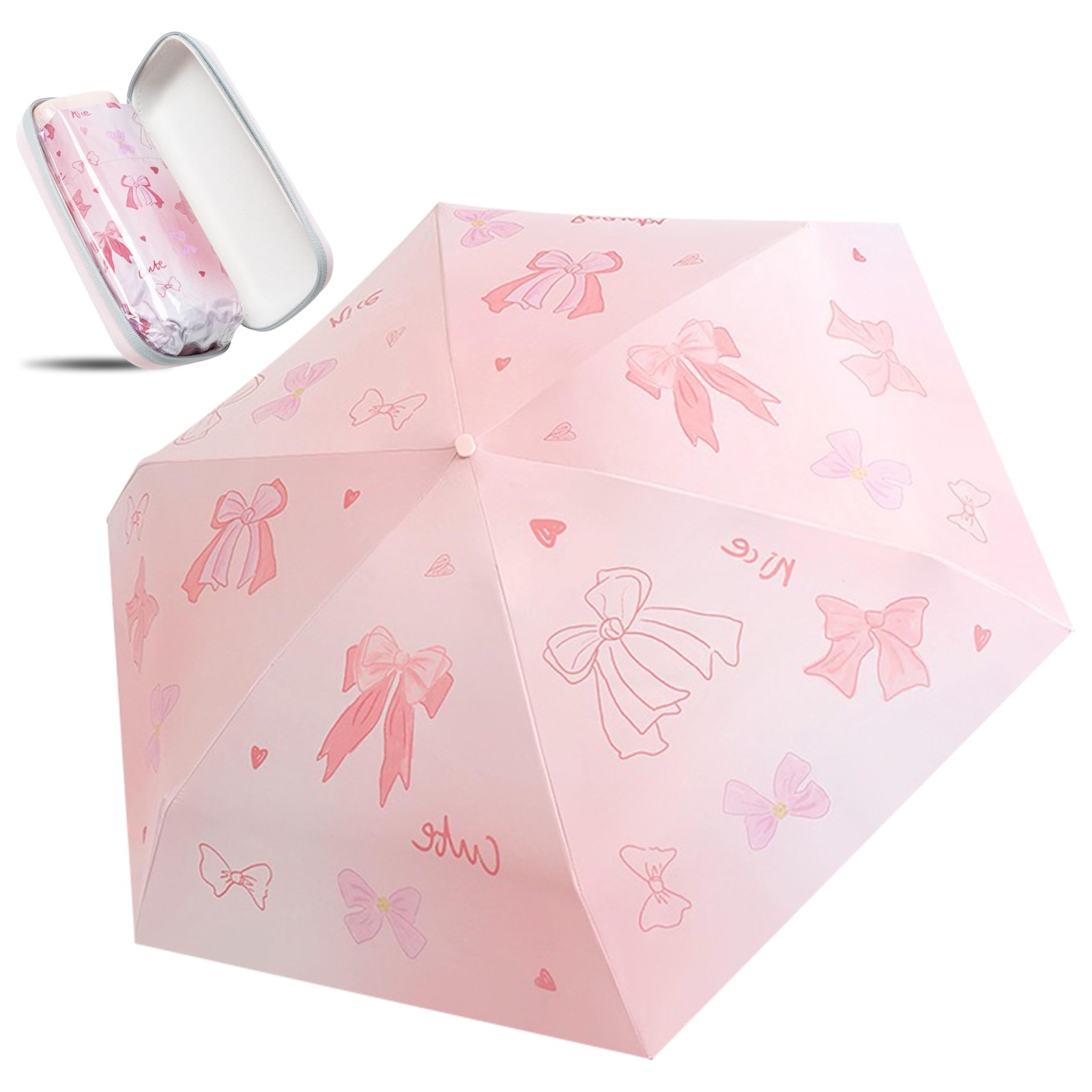 GQIRIL Mini Travel Folding Umbrella - Small Compact Sun 6.6 inches, Pink Bow