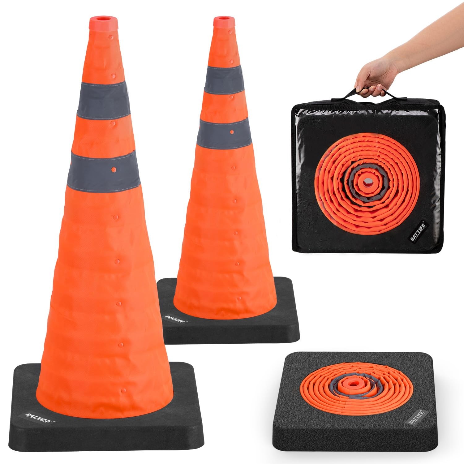 [2 Pack] 28 Inch Collapsible Traffic Safety Orange Cones with Black Weighted ...