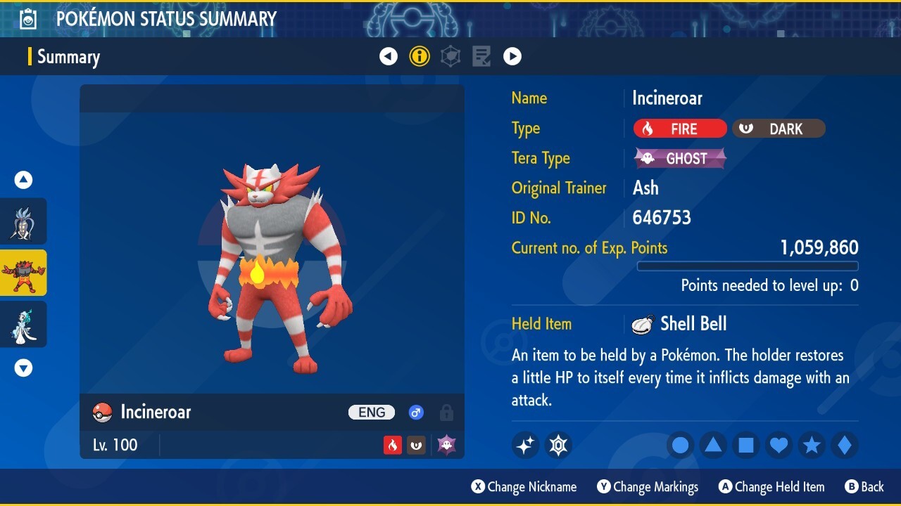Shiny Incineroar 6IVs Tera Type: Ghost Pokémon Scarlet and Violet