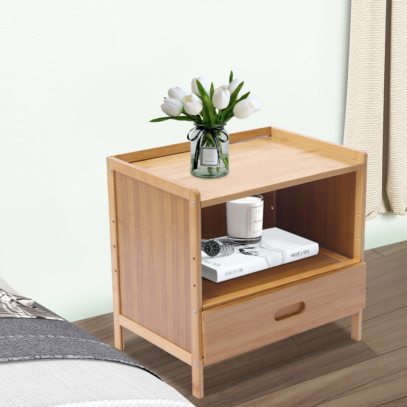 Bamboo Night Stand Bedside Table- Bed Side Table with Drawers, Small Nightstand